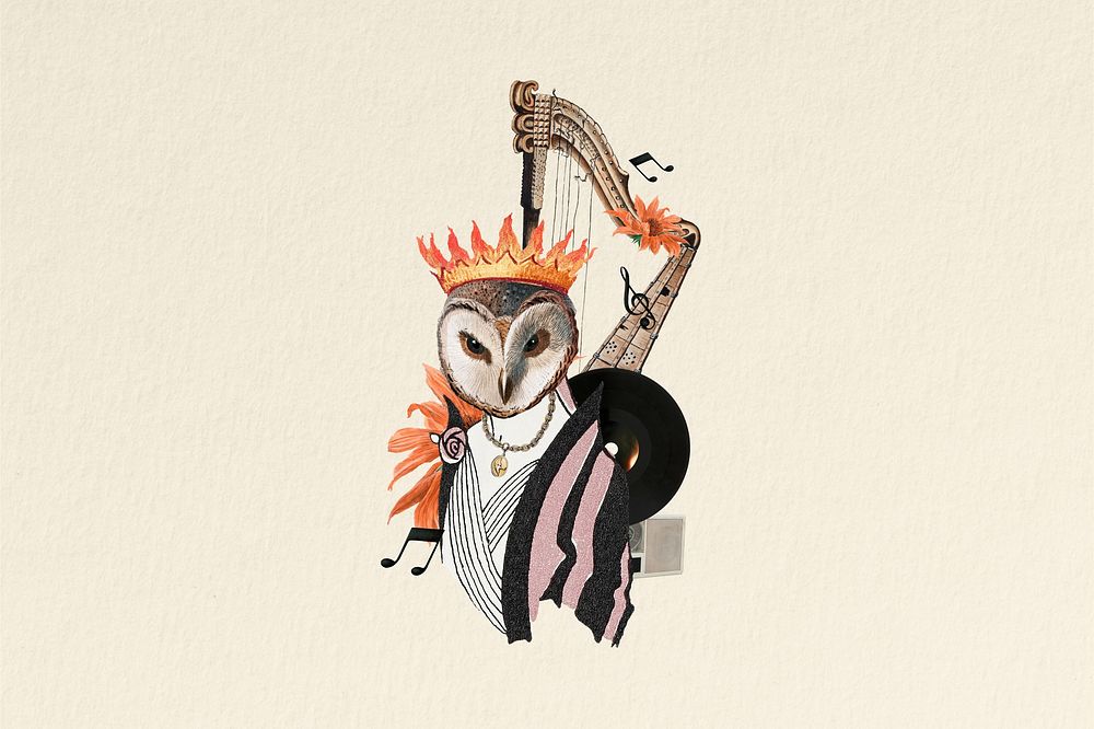 Owl aesthetic bird collage remix art with harp
