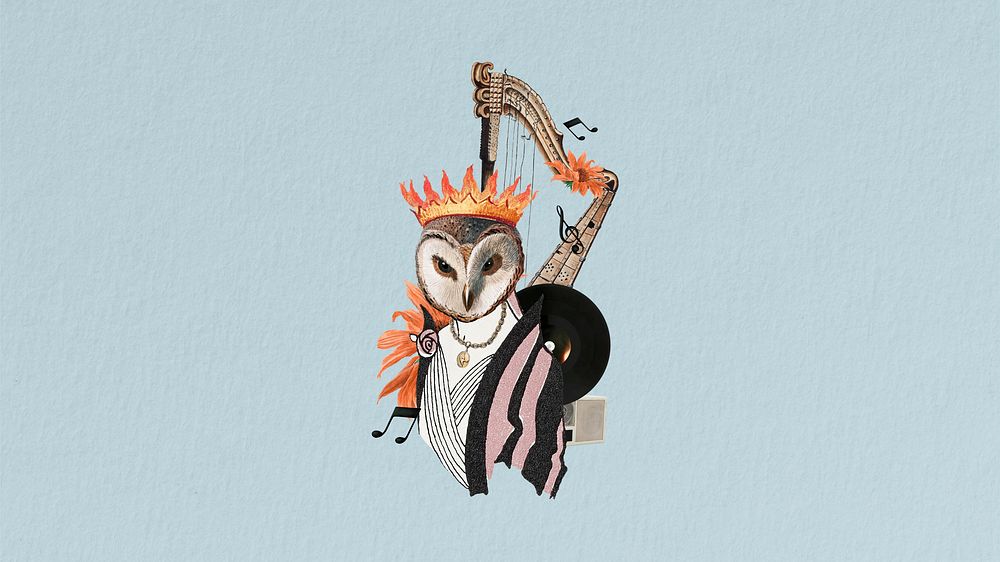 Owl aesthetic bird collage remix art with harp, desktop wallpaper