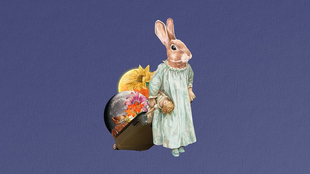 Rabbit anthropomorphic animal remix collage art, desktop wallpaper
