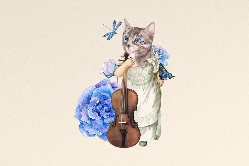 Anthropomorphic cat violinist collage