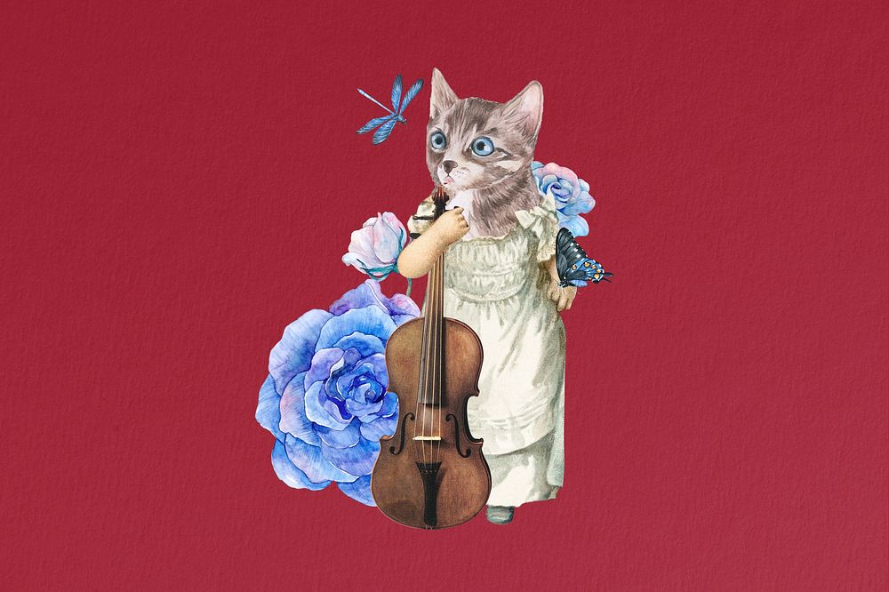 Anthropomorphic cat violinist collage