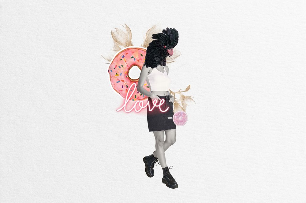 Cockatoo anthropomorphic bird remix collage art with donut and gold flower 