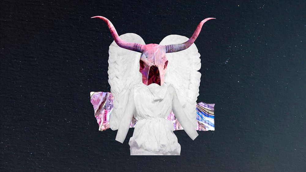 Anthropomorphic angel with longhorn mask, desktop wallpaper