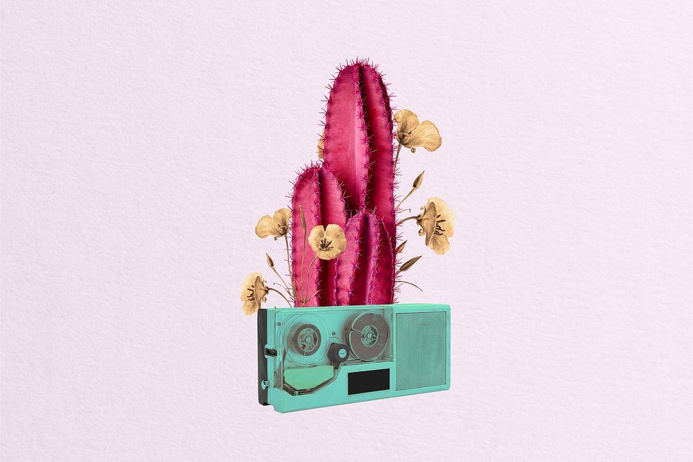 Editable retro cactus and VHS remix collage art 