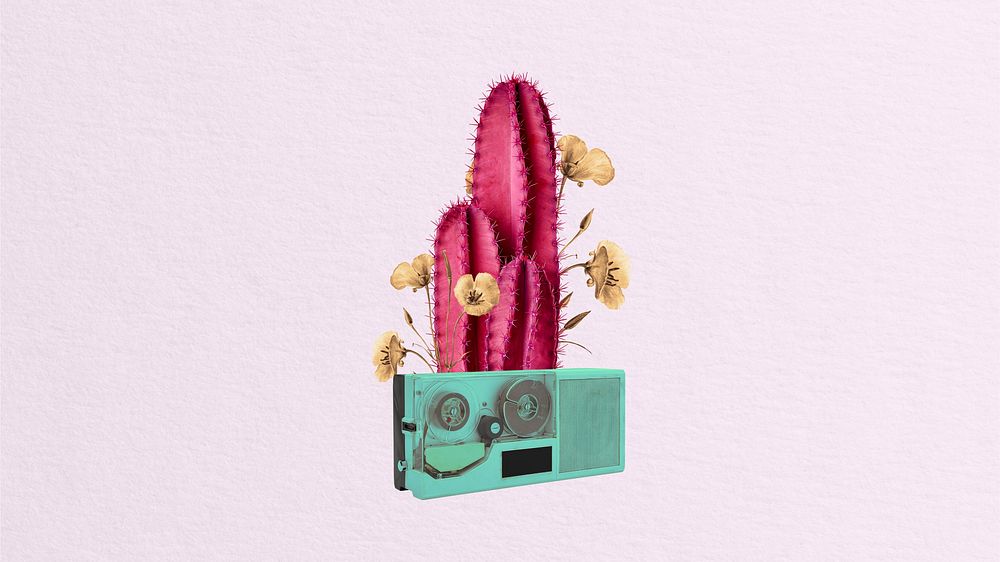 Editable retro cactus and VHS remix collage art, desktop wallpaper