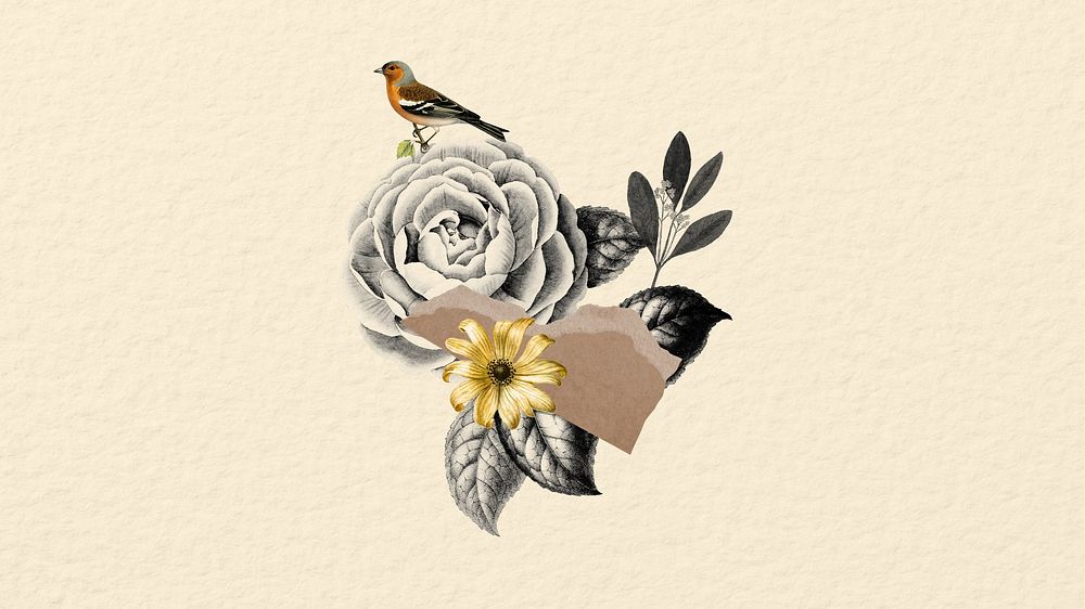Bird & flower ephemera collage, desktop wallpaper