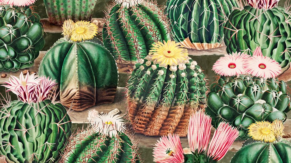 Watercolor cactus pattern desktop wallpaper