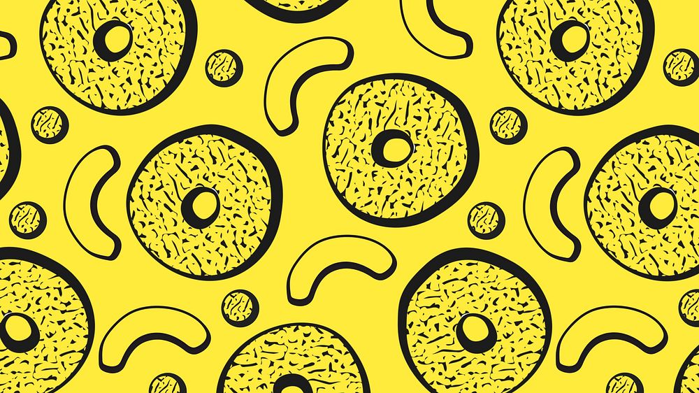 Donut memphis pattern desktop wallpaper, yellow abstract background