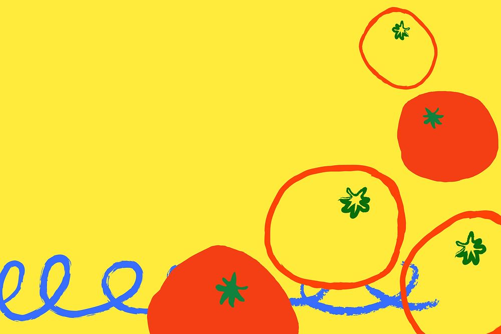 Tomato doodle yellow background, cute fruit border