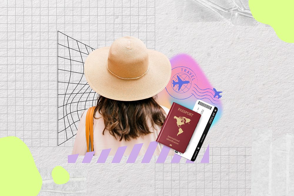 Woman with passport, creative travel remix