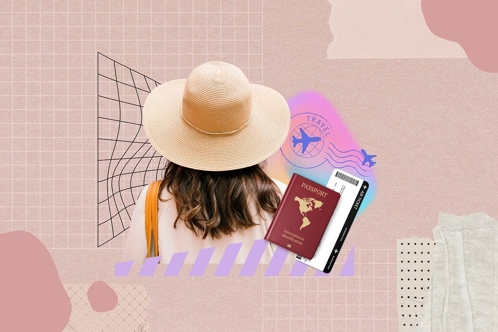 Woman with passport, creative travel remix