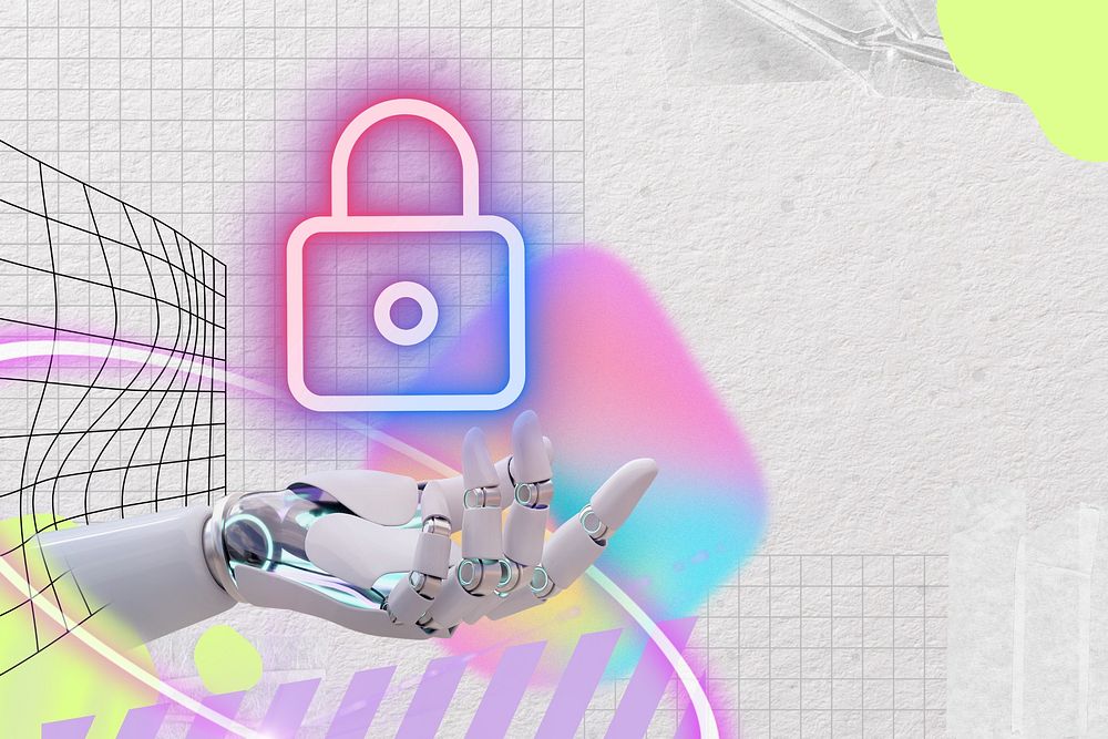 Privacy technology remix, robot hand presenting lock