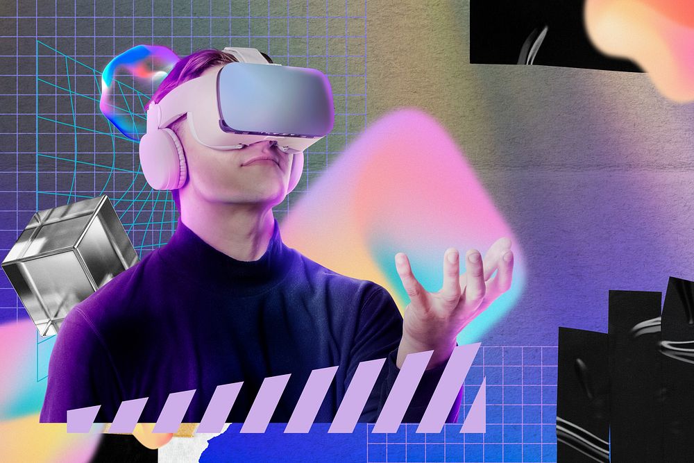 Man using VR, futuristic technology remix