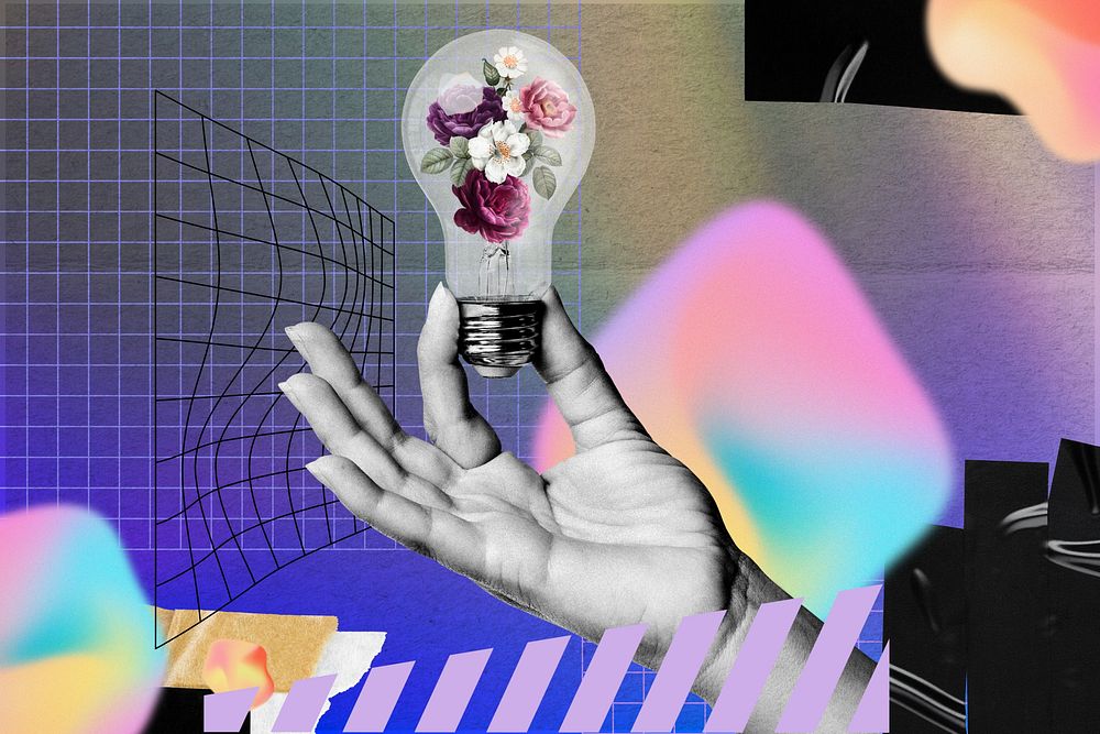 Hand holding light bulb, creative collage art