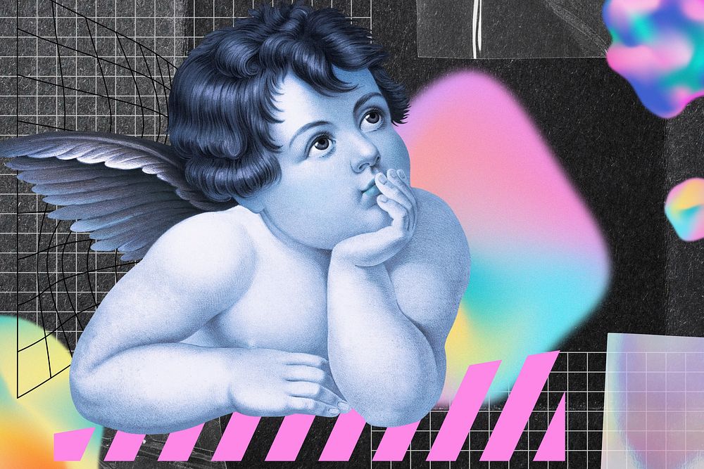 Thinking cherub illustration, creative remix