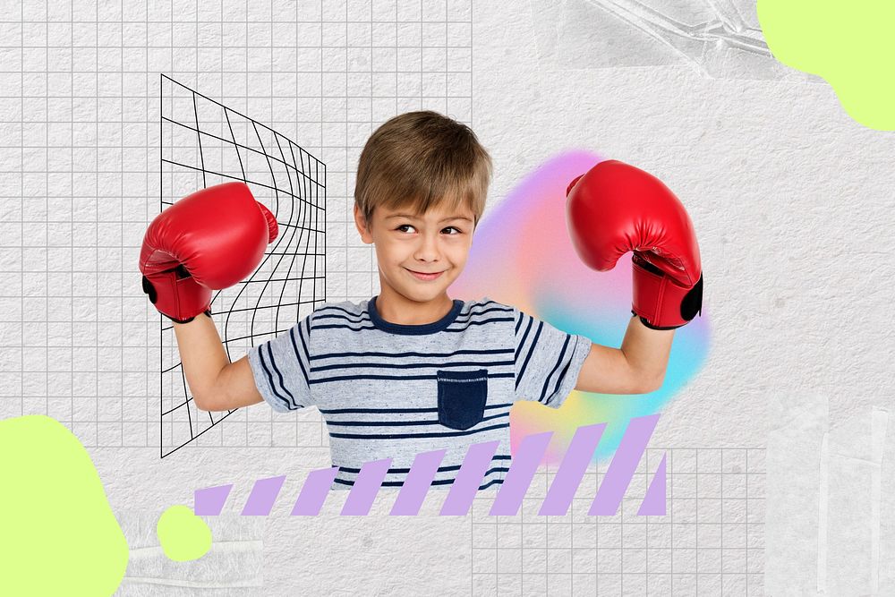Boy wearing boxing glove, sport hobby remix