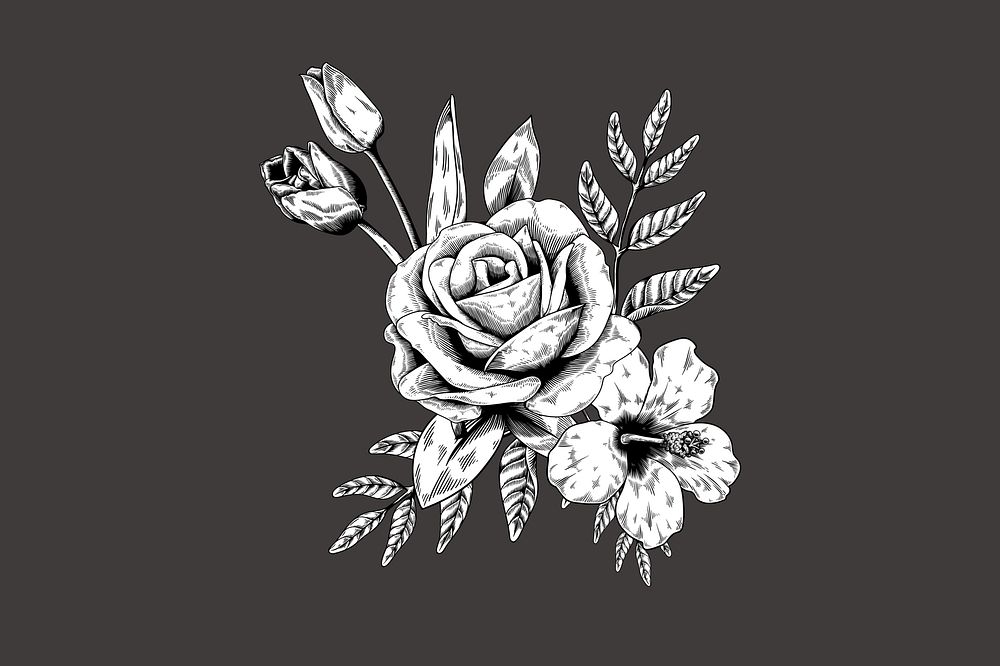 Vintage flower, black & white illustration