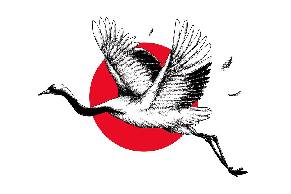 Japanese crane, black & white illustration