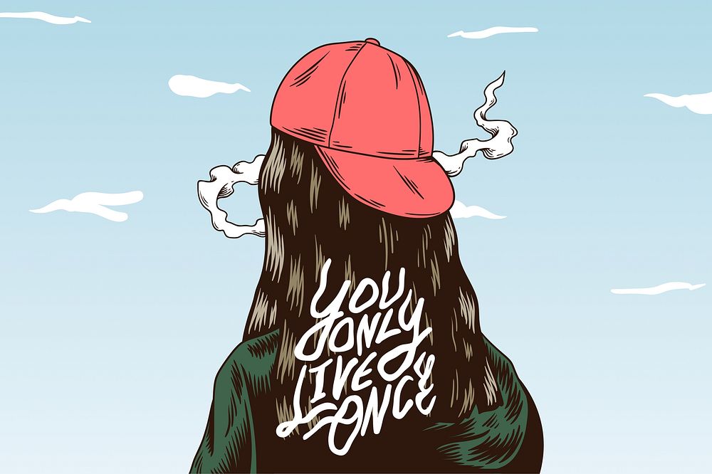 You only live once text, retro girl smoking illustration