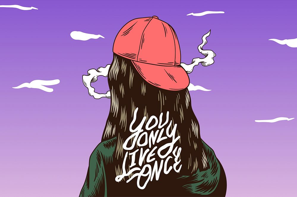 You only live once text, retro girl smoking illustration