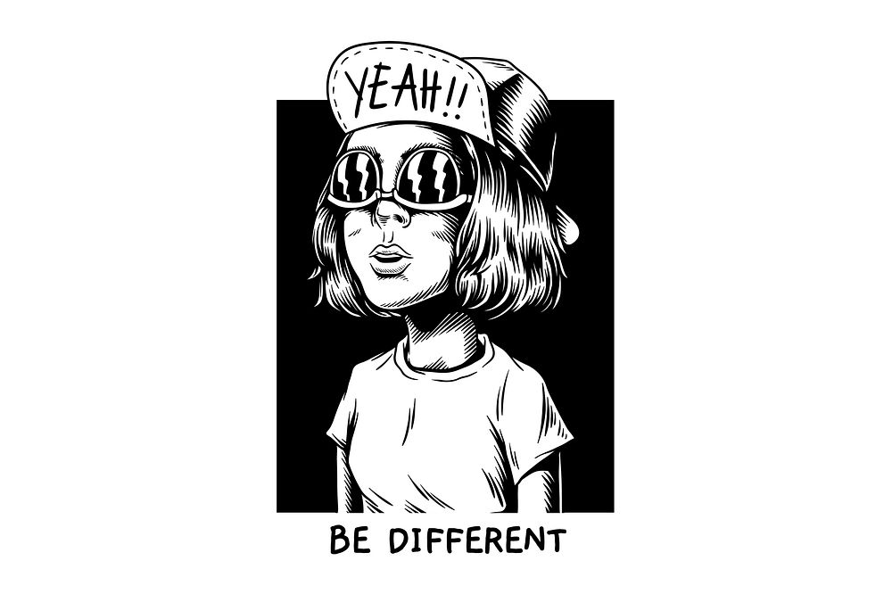 Be different text, retro cool girl illustration