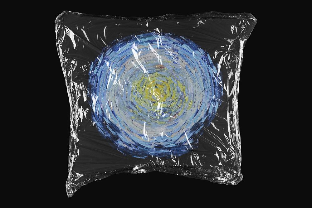 Starry night, Van Gogh's artwork in plastic wrap isolated on black design. Remixed by rawpixel.