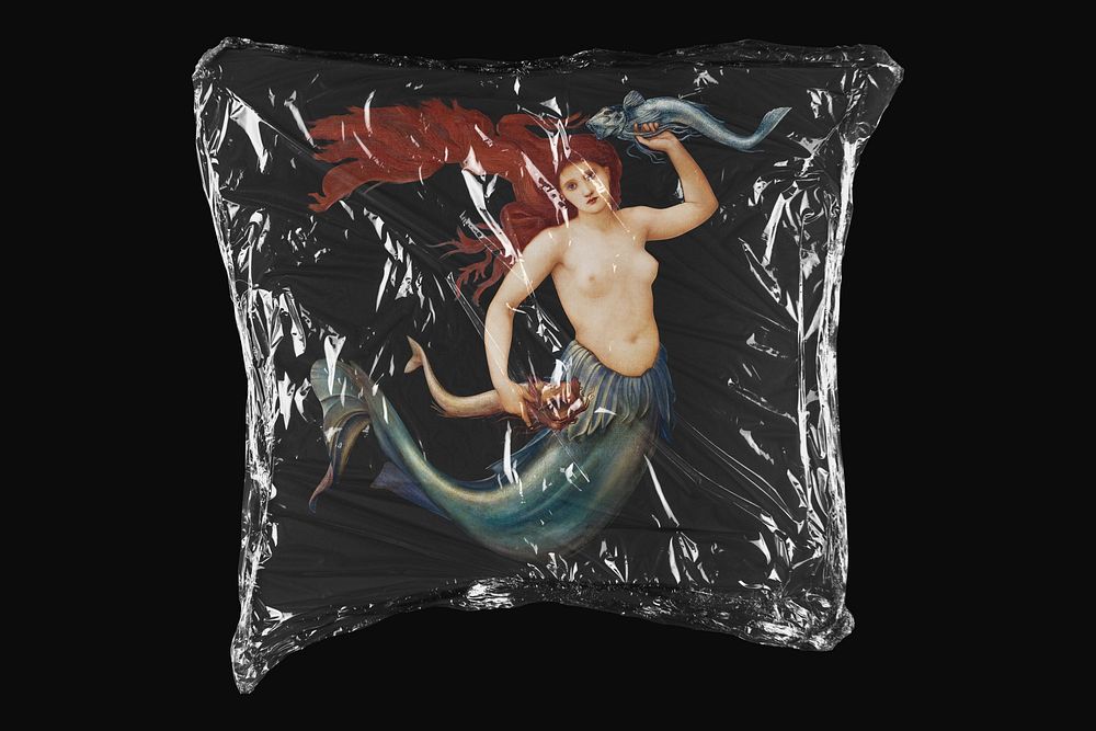 Sea Nymph, Edward Burne-Jones's artwork in plastic wrap isolated on black design. Remixed by rawpixel.