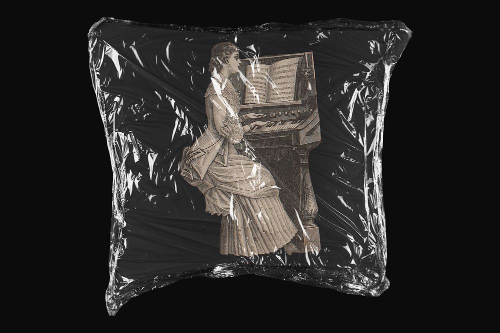 Woman playing piano, plastic wrap isolated on black design. Remixed by rawpixel.