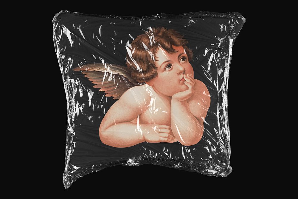 Cherub cupid, Raphael's artwork in plastic wrap isolated on black design. Remixed by rawpixel.