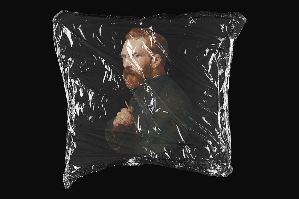 Van Gogh portrait, John Russell's artwork in plastic wrap isolated on black design. Remixed by rawpixel.