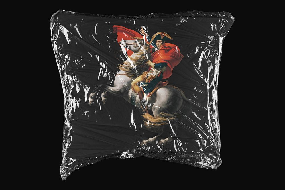 Napoleon Crossing the Alps, Jacques-Louis David's artwork in plastic wrap isolated on black design. Remixed by rawpixel.