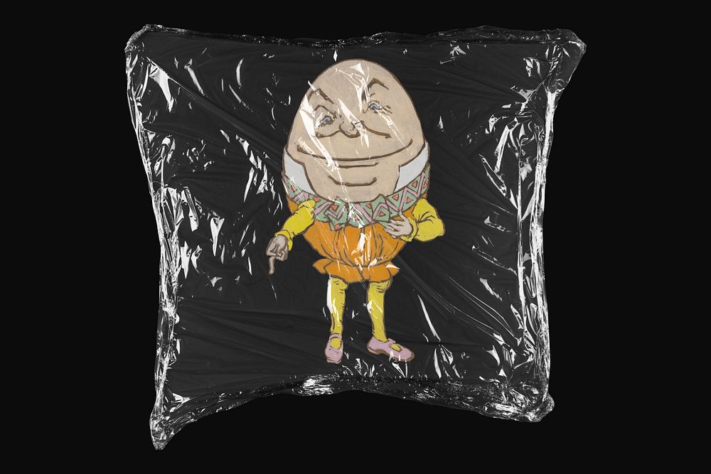 Humpty Dumpty illustration from Alice&rsquo;s Adventures in Wonderland by Lewis Carroll, plastic wrap isolated on black…