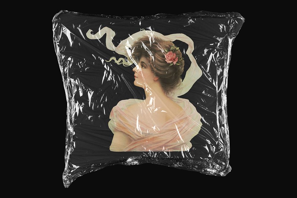Vintage lady, plastic wrap isolated on black design. Remixed by rawpixel.