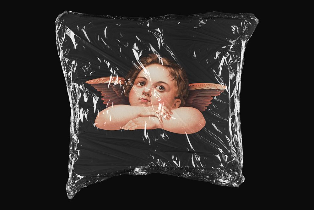Cherub Raphael's artwork in plastic wrap isolated on black design. Remixed by rawpixel.