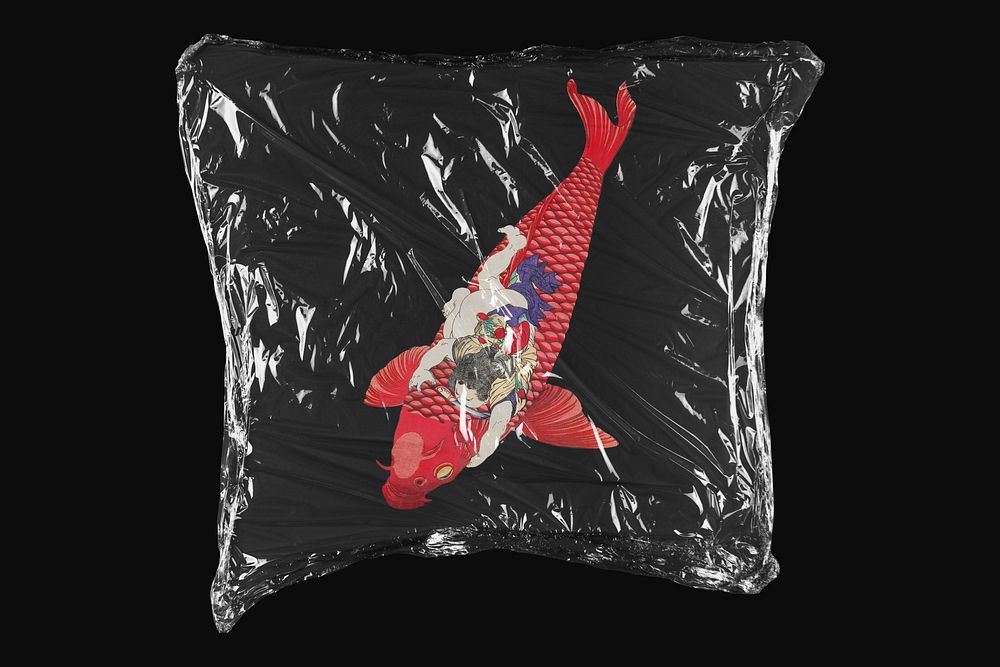 Japanese koi fish, plastic wrap isolated on black design. Remixed by rawpixel.