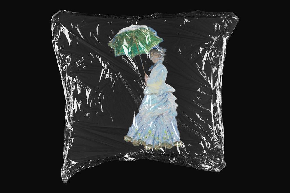 Woman with umbrella, Claude Monet's artwork in plastic wrap isolated on black design. Remixed by rawpixel.