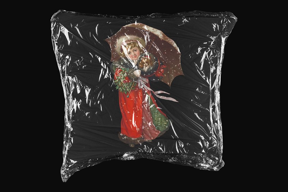 Girl with Christmas wreath, plastic wrap isolated on black design. Remixed by rawpixel.