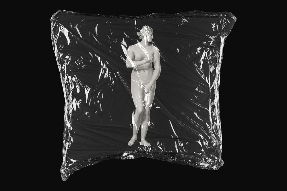 Greek statue, plastic wrap isolated on black design. Remixed by rawpixel.