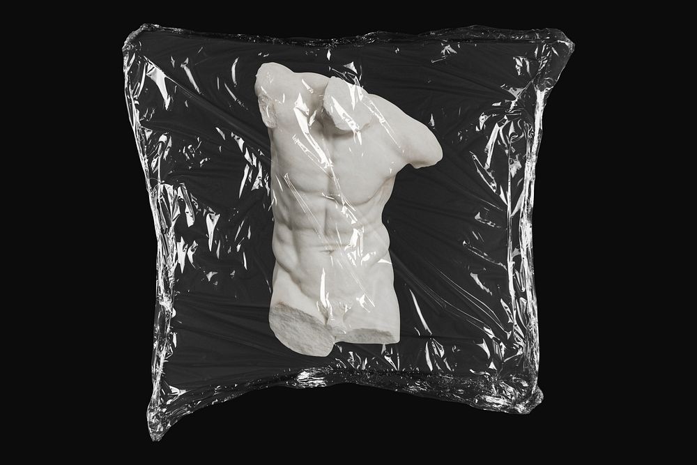 Torso of a Dancing Faun, plastic wrap isolated on black design. Remixed by rawpixel.