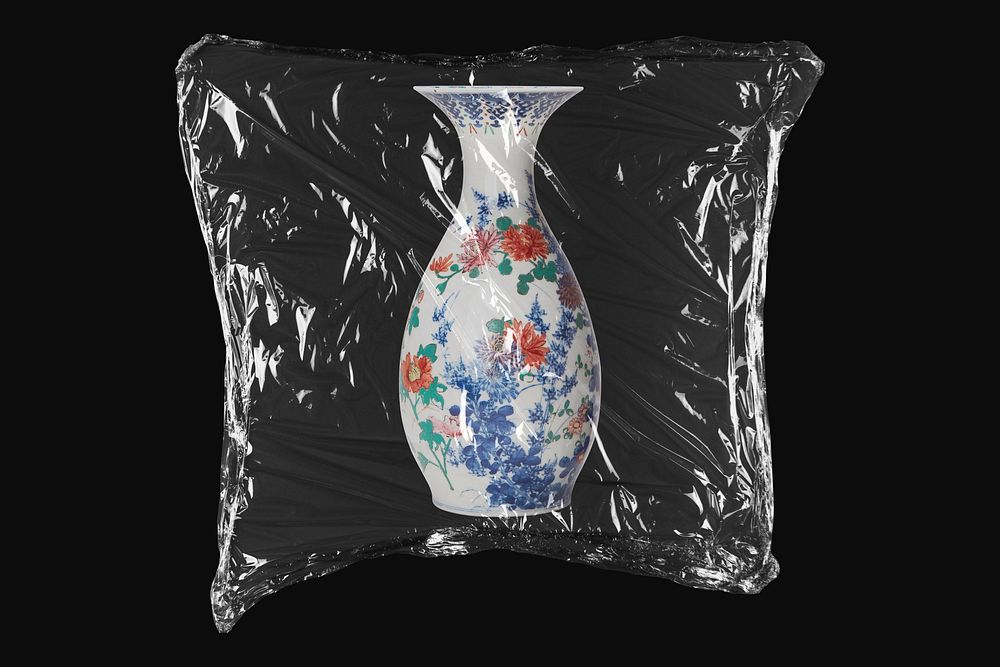 Antique vase, plastic wrap isolated on black design. Remixed by rawpixel.