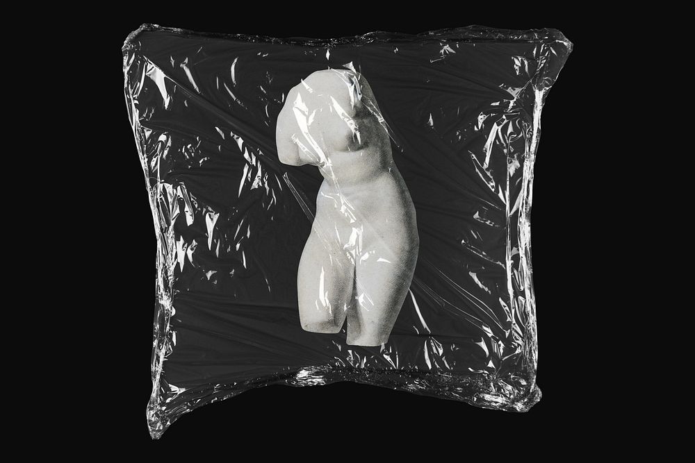 Female torso sculpture, plastic wrap isolated on black design. Remixed by rawpixel.