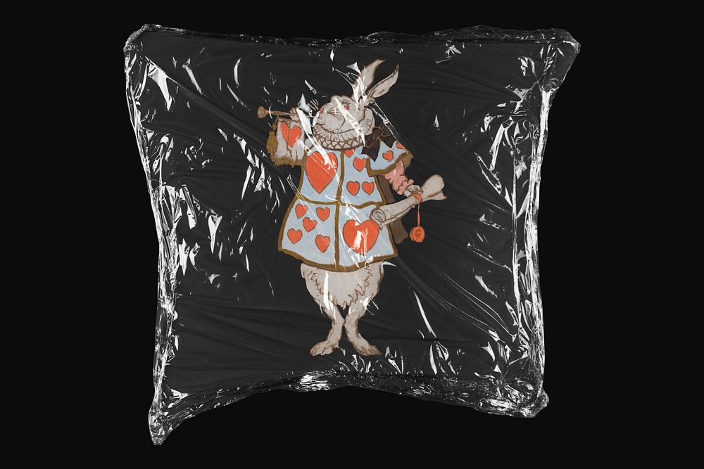 White rabbit from Alice in Wonderland, William Penhallow Henderson's artwork in  plastic wrap isolated on black design.…