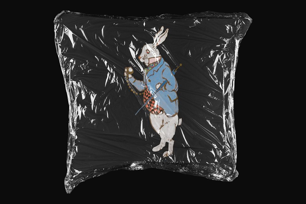 White rabbit, Lewis Carroll&rsquo;s Alice&rsquo;s Adventures in Wonderland character in plastic wrap isolated on black…