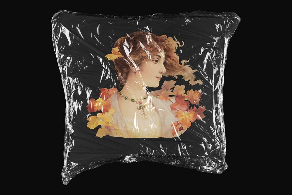 Vintage woman, plastic wrap isolated on black design. Remixed by rawpixel.