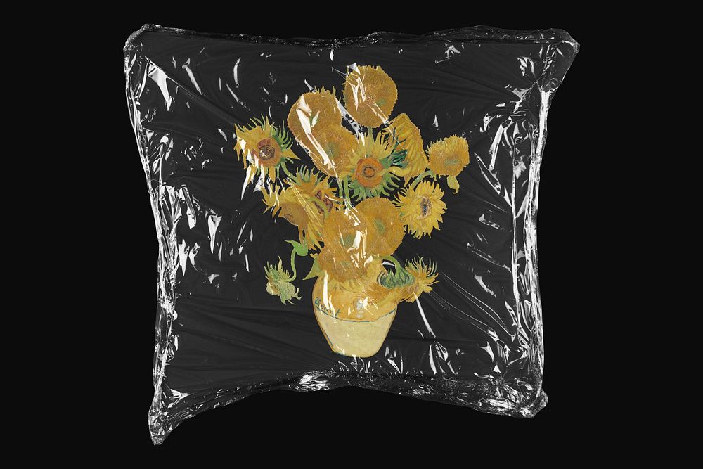 Van Gogh&rsquo;s Sunflowers, plastic wrap isolated on black design. Remixed by rawpixel.