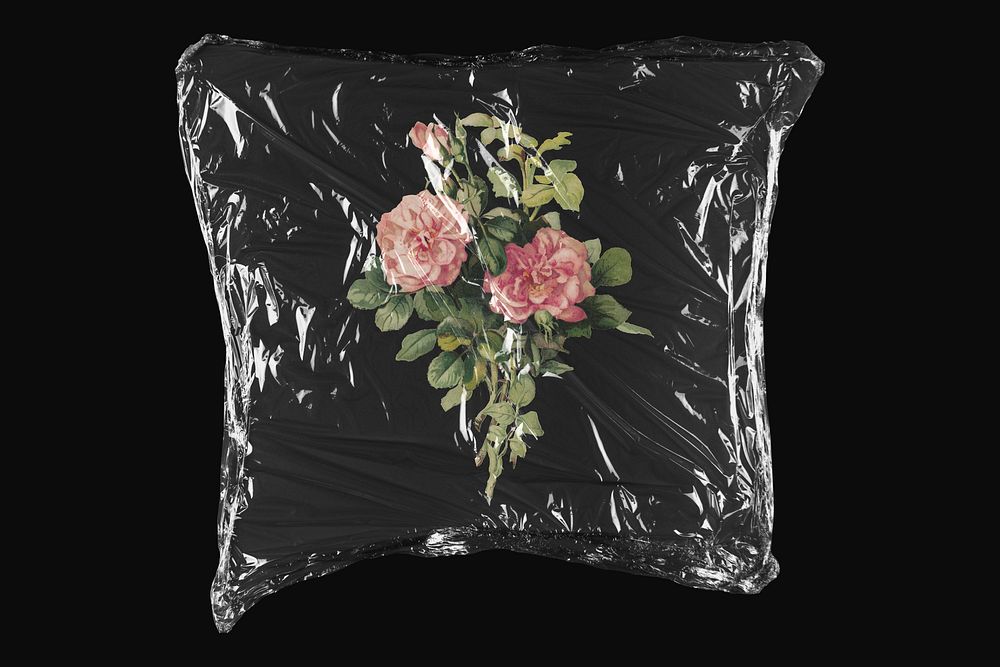 Vintage roses, plastic wrap isolated on black design. Remixed by rawpixel.