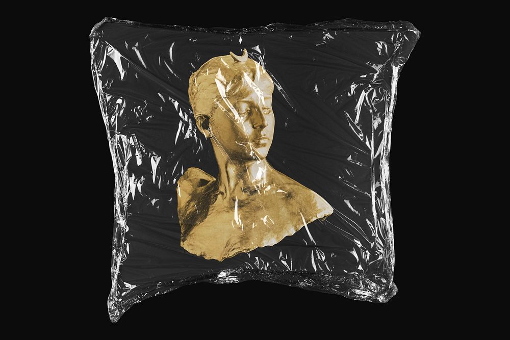 Gold woman sculpture, plastic wrap isolated on black design. Remixed by rawpixel.