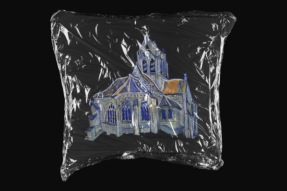 Van Gogh's church, plastic wrap isolated on black design. Remixed by rawpixel.
