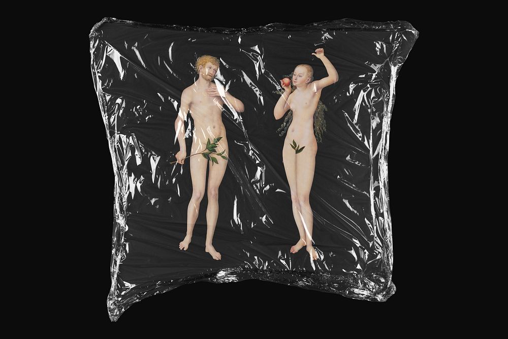 Adam and Eve, Lucas Cranach the Elder'a artwork in plastic wrap isolated on black design. Remixed by rawpixel.