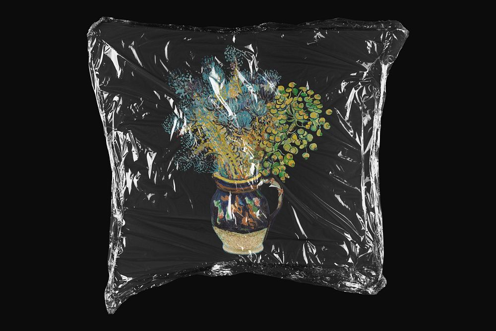 Van Gogh&rsquo;s flower, plastic wrap isolated on black design. Remixed by rawpixel.